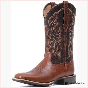 Women's Genuine Leather Cowboy Boots Square Toe Mid Calf Western
